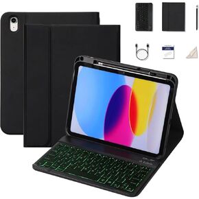 for iPad 10th Generation Case with Keyboard,7 Color Backlit, Detachable Keyboard with Pencil Holder，Bluetooth Keyboard for 10.9 inch 2022(Included Capacitor Pen Cleaning Cloth) (Black)