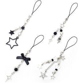 4PCS Black-phone Charm Y2K Phone Accessories Aesthetic Keychain Star Flower Cute Decor String Cellphone Chain Pendant Strap Lanyard Butterfly Crystal Ribbon Bead Gothic Young