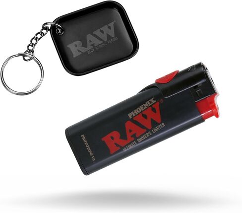 RAW Phoenix Black Classic Lighter - Refillable with Built-in Poker - Sleek, Durable & Wind-Resistant + Exclusive for ESD Mini Black Rolling Tray Keychain - No Gas Included in Saudi Arabia