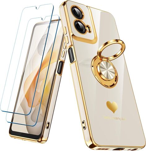 for Motorola Moto G 5G 2024 Case with 2 Pack Screen Protector, 360° Rotatable Ring Holder [Luxury Hearts Pattern] Plating Gold Edge Slim Soft Phone Cover for Moto G 5G 2024 - Purple in Saudi Arabia