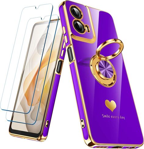 for Motorola Moto G 5G 2024 Case with 2 Pack Screen Protector, 360° Rotatable Ring Holder [Luxury Hearts Pattern] Plating Gold Edge Slim Soft Phone Cover for Moto G 5G 2024 - Purple in Saudi Arabia