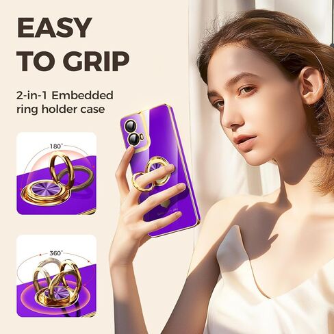 for Motorola Moto G 5G 2024 Case with 2 Pack Screen Protector, 360° Rotatable Ring Holder [Luxury Hearts Pattern] Plating Gold Edge Slim Soft Phone Cover for Moto G 5G 2024 - Purple in Saudi Arabia