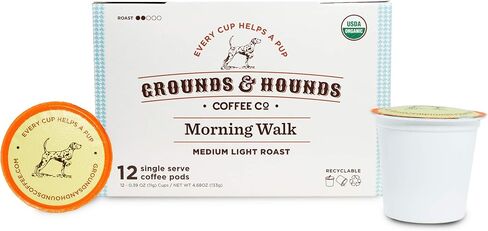 Grounds & Hounds Single Serve Organic Coffee Pods - K Cup Coffee Pods Medium Roast Coffee K Cups, Recyclable Coffee Pods, Paper & Slippers Blend, 12 Count in Saudi Arabia