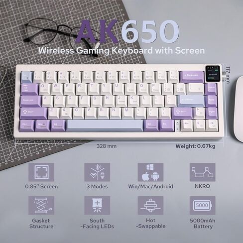 AJAZZ AK650 65% Gasket Mechanical Keyboard, 3 Modes Wireless Gaming Keyboard with 0.85’’ TFT Screen & Knob, 5000 mAh Battery, Hot Swappable Keyboard with Flex-Cut Plate & PCB (Black Grey) in Saudi Arabia