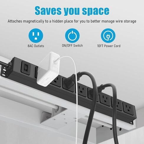 HHSOET Magnetic Mount Power Strip, 8 Outlet Mountable Socket, Metal Heavy Duty Surge Protector, Gaming Table Outlet, Easy to Fix Without Drilling or Taping, 6FT Extension Cord.(Black) in Kuwait