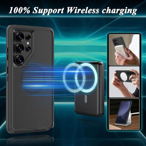 Compatible with Samsung Galaxy S25 Ultra Case, with Belt Clip Holster Heavy Duty Magnetic Wireless Charging Full Body Protection Kickstand Cover for Samsung Galaxy S25 Ultra Phone (Black) in Saudi Arabia