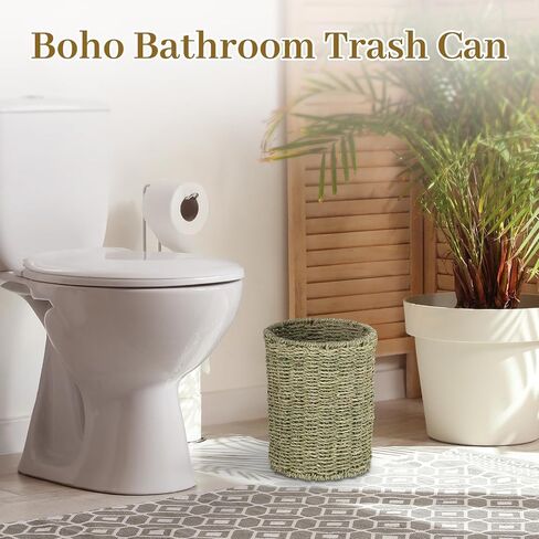 Boho Wicker Trash Can with Lid,Bathroom Trash Can with Trash Bags Hand Woven Water Hyacinth Trash Basket for Kitchen Bedroom Office in Saudi Arabia