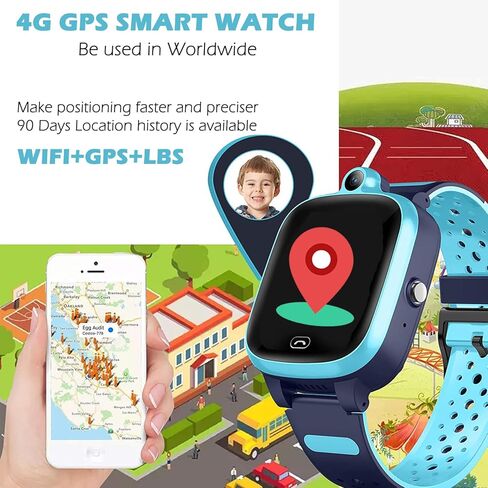 TEZILON Kids 4G GPS Smart Watch Worldwide Real-Time Tracking Phone Video Call Text Waterproof SOS Emergency Alarm Voice Message Camera Geo-Fence Pedometer Anti-Lost GPS Tracker 3-15 Girls Present in Saudi Arabia