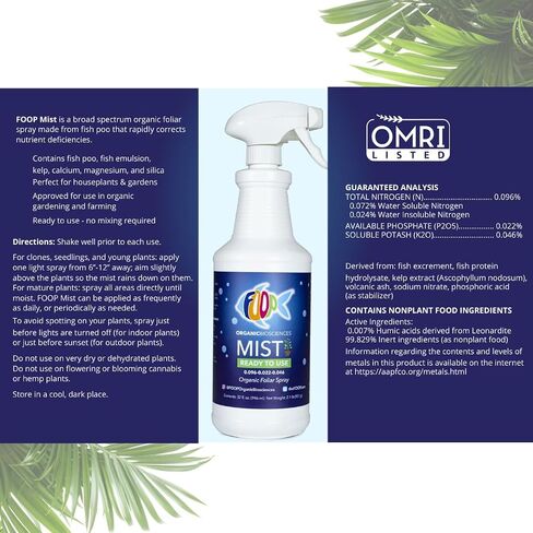 FOOP Mist - Organic Foliar Spray Made from Fish Manure (with Fresh Minty Scent) | Corrects & Prevents Plant Nutrient Deficiencies | Ready to Use, No Mixing Required (32oz) in Saudi Arabia