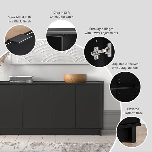 Prepac Simply Modern 4 Door Console Table with Storage, Black Storage Cabinet with Doors and Shelves, Sideboard Storage Cabinet 60" W x 30" H x 16" D, BCBG-1820-1 in Saudi Arabia