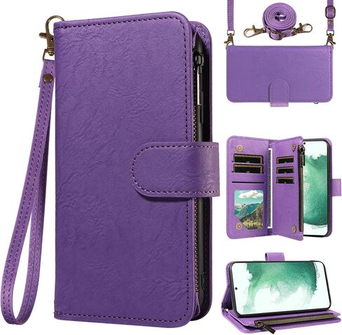 for Samsung Galaxy S22 5G Wallet Phone Case with Crossbody Lanyard Strap Faux Leather Card Holder Slot Stand Kickstand Men Women Flip Cell Cover for S 22 22S 4G G5 6.1 inch Purple in Saudi Arabia