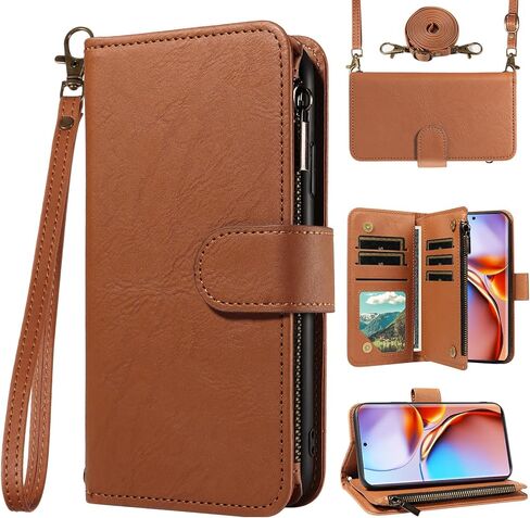 لـ Motorola Edge 2023/Edge 40g 5g Wallet Phone Case with Crossbody Lanyard Strap Faux Card Card Slot Stand Kickstand Men Women Flip Cell Cover for Moto Edge2023 6.6 Brown in Saudi Arabia