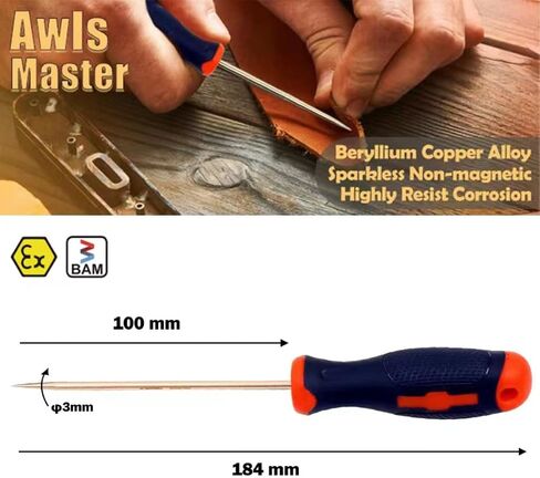 Wedo Non-Sparking AWL ، Sewing AWL ، أداة AWL Scratch للخياطة ، خشب الخدش ، الجلد ، اللكم ، ملزمة للكتاب ، شهادة DIN ، شهادة BAM & FM ، نحاس البريليوم ، قطر 3 مم ، طول الشفرة 4 " in Kuwait