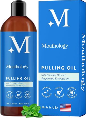 Mouthology Coconut Oil Pulling for Teeth and Gums, Whitening Pulling Oil Coconut Mint Mouthwash for Fresh Breath (Made in USA) Ayurvedic Oil Pulling Mouth Gum Health with Tongue Scraper Oral Care 8oz in Saudi Arabia