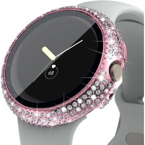 حافظة Wugongyan متوافقة مع Google Pixel/Pixel Watch 2 Watch حافظة حماية للشاشة صلبة من البولي كربونات بالكامل بحجر الراين اللامع غطاء حماية مدمج من الزجاج المقوى (ذهبي وردي)