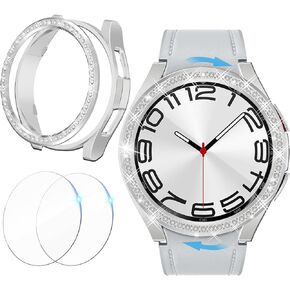 Hard PC 3 in 1 Case for Samsung Galaxy Watch 6 Classic 43mm, 1 Full Coverage Hard PC Bumper Cover + 2 Tempered Glass Screen Protector Film + 1 Bling Dimond Ring(Black,43mm)