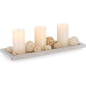 Romadedi Wooden Decorative Tray Candle Holder - 13.5 inch Wood Long Narrow Tray Home Decor Small Rustic Farmhouse Centerpieces Trays for Coffee Table Dining Room Living Room, Whitewashed