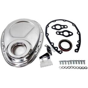 1955-95 Compatible/Replacement for Chevy Small Block 283-305-327-350-400 Steel Timing Chain Cover Set w/Timing Tab - Chrome