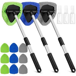 3 Packs Windshield Cleaner Car Window Cleaner Inside Car Windshield Cleaning Tool with Detachable Handle, 9 Reusable Microfiber Pads and 3 Spray Bottles for Interior Car Cleanser Brush Cleaning Kit