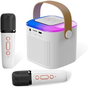 آلة كاريوكي محمولة مع 2 ميكروفونات لاسلكية، آلة كاريوكي صغيرة مع أضواء LED، مكبر صوت بلوتوث، دعم بطاقة TF، مدخل AUX للأطفال البالغين وحفلات أعياد الميلاد (أبيض) in Kuwait
