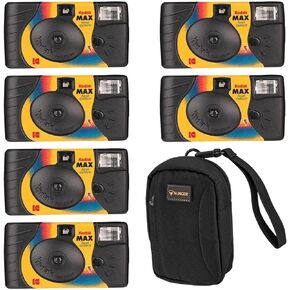 Max One-Time Use 35mm Film Camera (ISO-800) with Power Flash, 27 Exposure, 6-Pack, Bundle with Slinger Brand Camera Bag