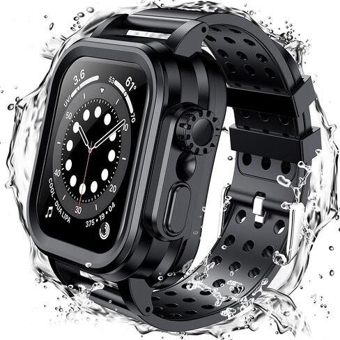 جراب SPIDERCASE مقاوم للماء مع حزام لساعة Apple Series 6 5 4 SE SE (الجيل الثاني) 44 مم مع واقي شاشة مدمج، IP68 مقاوم للماء لكامل الجسم جراب صلب من البولي كربونات لساعة iWatch 44 مم، أسود in Kuwait