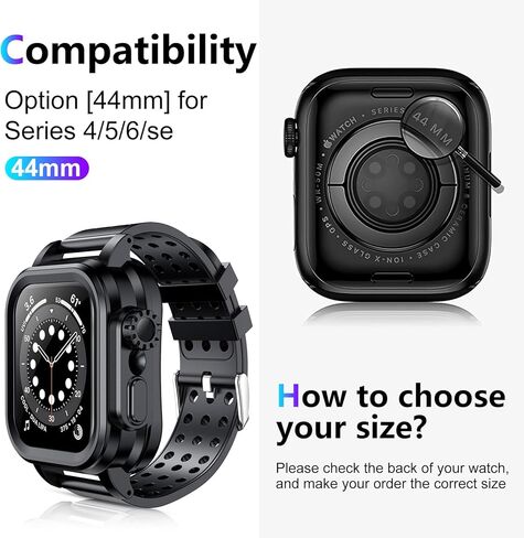 جراب SPIDERCASE مقاوم للماء مع حزام لساعة Apple Series 6 5 4 SE SE (الجيل الثاني) 44 مم مع واقي شاشة مدمج، IP68 مقاوم للماء لكامل الجسم جراب صلب من البولي كربونات لساعة iWatch 44 مم، أسود in Kuwait