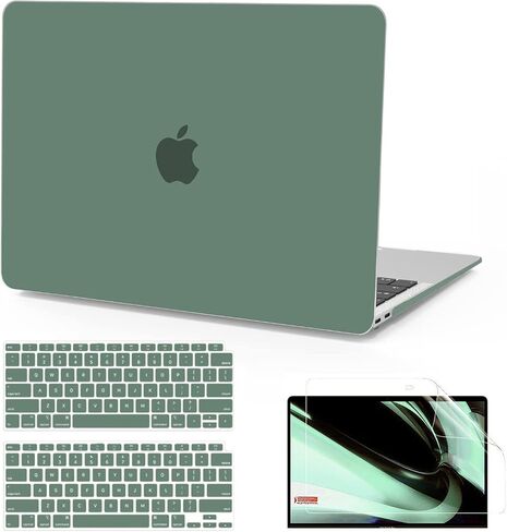 B BELK متوافق مع حافظة MacBook Air 13 بوصة 2022 2021 2020 2019 2018 الإصدار A2337 M1 A2179 A1932 Touch ID، حافظة بلاستيكية صلبة غير لامعة + غطاء لوحة مفاتيح + واقي شاشة شبكية العين، أخضر منتصف الليل in Kuwait