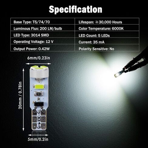 10X T5 LED لمبات زينون بيضاء في Canbus خالية من الأخطاء 3014 شرائح إسفين 74 2721 37 PC74 لمبات LED للسيارة الداخلية مقياس العنقودية لوحة أجهزة القياس مؤشرات لوحة سبيدو AC in Saudi Arabia