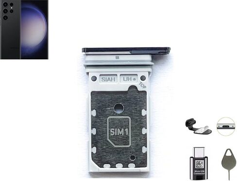 قطع غيار فتحة حامل صينية بطاقة SIM مزدوجة لهاتف Galaxy S23 Ultra لهاتف Samsung Galaxy S23 Ultra 5G + مقابس مضادة للغبار من النوع C + دبوس إخراج (أسود فانتوم) in Saudi Arabia