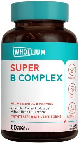 مركب فيتامين ب، جميع فيتامينات ب، ميثيل ب12 والفولات، P5P، R5P، نياسيناميد، د-بيوتين، ب1، ب5، دعم الطاقة والدماغ، عالي الامتصاص، غير معدل وراثيًا، ممتد المفعول، 60 كبسولة نباتية in Kuwait