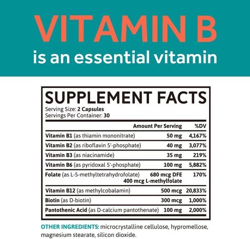 مركب فيتامين ب، جميع فيتامينات ب، ميثيل ب12 والفولات، P5P، R5P، نياسيناميد، د-بيوتين، ب1، ب5، دعم الطاقة والدماغ، عالي الامتصاص، غير معدل وراثيًا، ممتد المفعول، 60 كبسولة نباتية in Kuwait