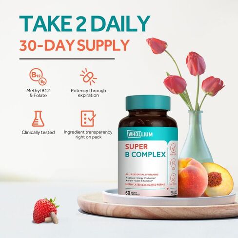 مركب فيتامين ب، جميع فيتامينات ب، ميثيل ب12 والفولات، P5P، R5P، نياسيناميد، د-بيوتين، ب1، ب5، دعم الطاقة والدماغ، عالي الامتصاص، غير معدل وراثيًا، ممتد المفعول، 60 كبسولة نباتية in Kuwait