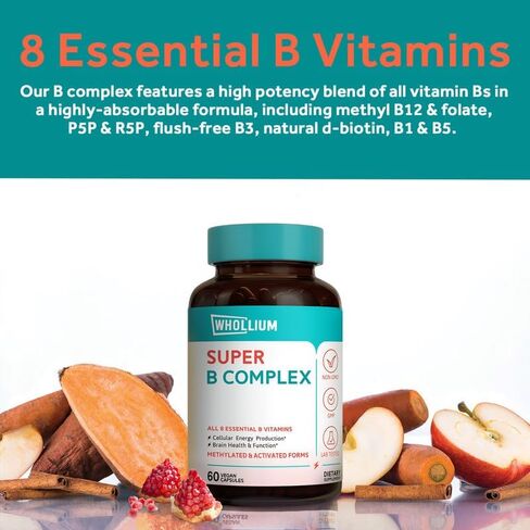 مركب فيتامين ب، جميع فيتامينات ب، ميثيل ب12 والفولات، P5P، R5P، نياسيناميد، د-بيوتين، ب1، ب5، دعم الطاقة والدماغ، عالي الامتصاص، غير معدل وراثيًا، ممتد المفعول، 60 كبسولة نباتية in Kuwait