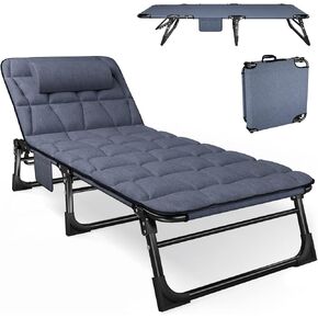 ATORPOK Folding Camping Cot for Adults with Padded Mattress and Pillow, Adjustable Reclining Lounger Sleeping Cot Bed, Ideal for Camping, Travel, Garden, or Office Use, Blue