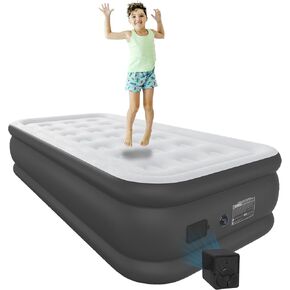 Air Mattress Twin with Built in Wireless Battery Pump,18'' Blow Up Inflatable Air Bed for Camping,Home,Thick Velvet Texture Waterproof,18''Grey