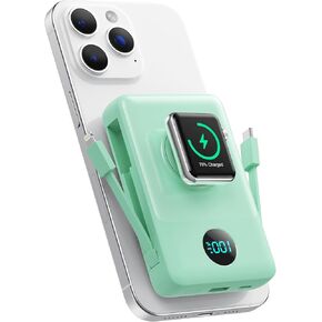 Magnetic Portable Charger 10800mAh for iPhone with Built-in Cables, 6-in-1 Wireless Power Bank with iWatch Charger, LCD Display 25W PD Fast Charging Battery Pack for iPhone 16/15/14/13/12, Apple Watch