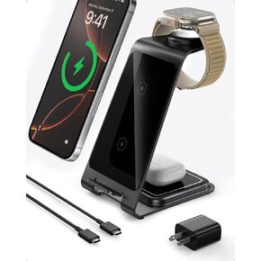 Intoval 3 in 1 Wireless Charging Station for iPhone 16 Pro/16/16 Pro Max/15 Pro/15/15 Pro Max/14 Pro/14/14 Pro Max, for Apple Watch 10/Ultra 3/SE/9/8/7/6/5/4/3/2, for AirPods 4/Pro/Pro 2/3 (Y93, Grey)