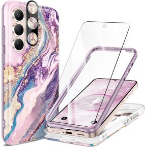 GVIEWIN Magnetic for Samsung Galaxy S25 Plus Case [Compatible with MagSafe] Marble Slim with Camera Lens+Screen Protector Shockproof Full Body Protective Phone Cover 6.7" 2025 (Dreamland River/Pink)