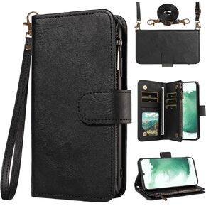 for Samsung Galaxy S22 5G Wallet Phone Case with Crossbody Lanyard Strap Faux Leather Card Holder Slot Stand Kickstand Men Women Flip Cell Cover for S 22 22S 4G G5 6.1 inch Purple