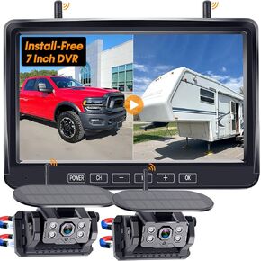Dual Wireless Backup Camera for RV Install-Free - Magnetic, 1080P HD Recording, Easy Setup, Solar Rear View, Night Vision, Wide Angle for Trailers WZBB