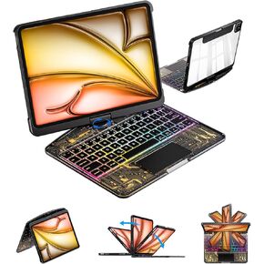 حالة لوحة مفاتيح iPad لـ iPad Pro 13 بوصة (M4 ، 2024)-حامل دوار 360 درجة مع لوحة مفاتيح الإضاءة الخلفية 7-Color ، غطاء واقي شفاف ، حامل تتبع متعدد اللمسات (أسود)