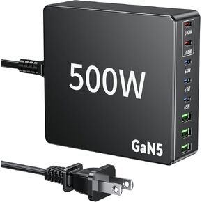 500W USB C Charger Fast GAN Charger Block 8 Multi Port Charging Station Hub Brick Dual PD 100W Laptop Charger for DELL HP MacBook Pro/Air/All iPad iPhone 16 15/14/13/Pro Max/Samsung Galaxy Note