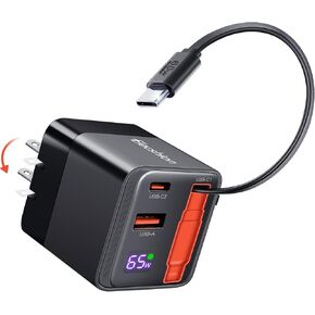 65W USB C Block Charger مع كبل C القابل للسحب C وشاحن سفر المنفذ المزدوج (GAN3) ، PD PPS شحن سريع شحن جدار قابل للطي على جهاز MacBook و Lenovo IdeaPad و iPhone 16 Pro Max و Galaxy S24 والمزيد
