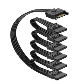 Sata Power Splitter Cable 5.5 inches, 6 Way, Black, 15 Pin SATA Cable 1 to 6 for HDD, SSD, Optical Drives, Sata Power Connector for Extension Cable