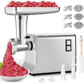 Electric Meat Grinder: [3500W Advanced Motor] [Ultra-Intelligent Thermal Protection] Upgraded Meat Grinder with 6 PCS Stainless Steel Blades&Grinding Plates, Sausage Stuffer Tubes&Kubbe (New Silver)