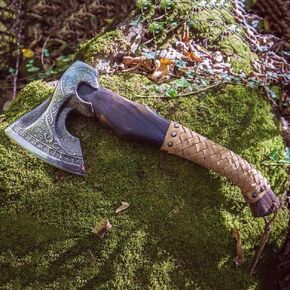 19" Hand Forged Viking Axe- Rose Wood Shaft Engraved Carbon Steel Bearded Axe for Camping- Viking Gift for Men(Norse Viking Axe)