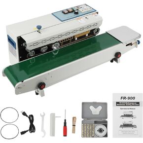 FR900K Continuous Band Sealer Machine, Horizontal Automatic Bag Band Sealing Machine 110V for PVC Bags Films w/Digital Temperature Control