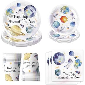 96 PCS First Trip Around The Sun Decorations,Outer Space Birthday Decorations 1st Birthday Party Supplies Plates Napkins Cups Set,Space Theme First Birthday Party Decorations for Boy Girl