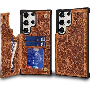Wallet Case Compatible with Samsung Galaxy S25 Ultra Real Leather 6.9 case,Genuine Leather Shockproof Anti-Fall Case, Flip Cover with Card Slot, Double Magnetic Buckle,Kickstand Durable Brown
